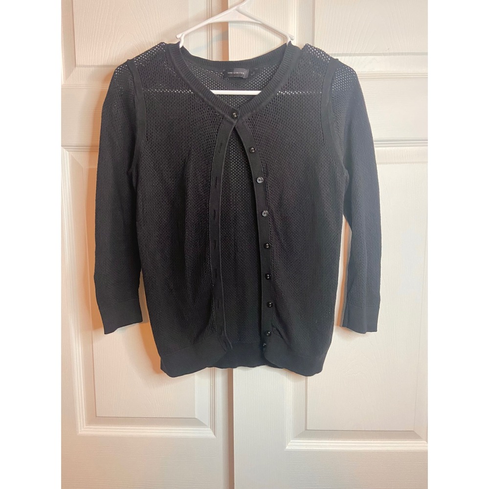 The Limited Black Open Knit Cardigan Sweater V-Neck Button Front SWK876546 S